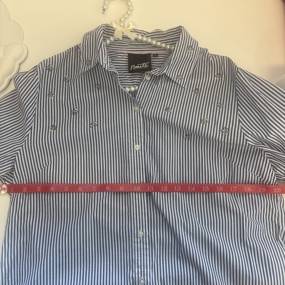 Nanette Lepore Womens Blouse Sz Lg Blue Striped Button Up Long Sleeve Ballon Bow - Picture 6 of 8